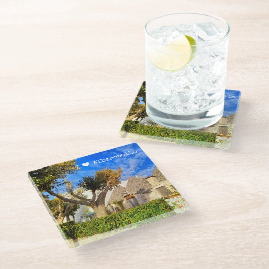 Aangepaste tekst, mooi uitzicht van Alberobello, A Glazen Onderzetter (Schuin)