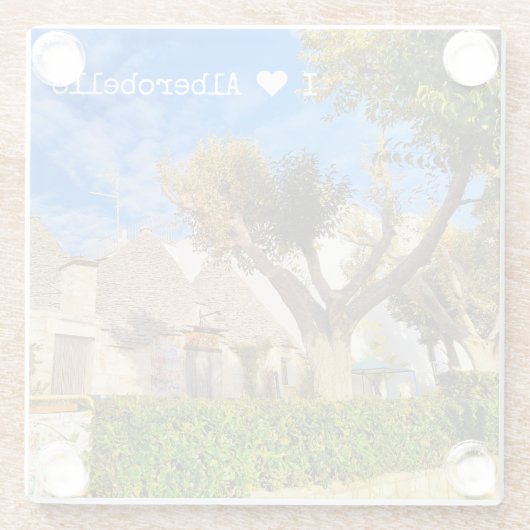 Aangepaste tekst, mooi uitzicht van Alberobello, A Glazen Onderzetter (Achterkant)