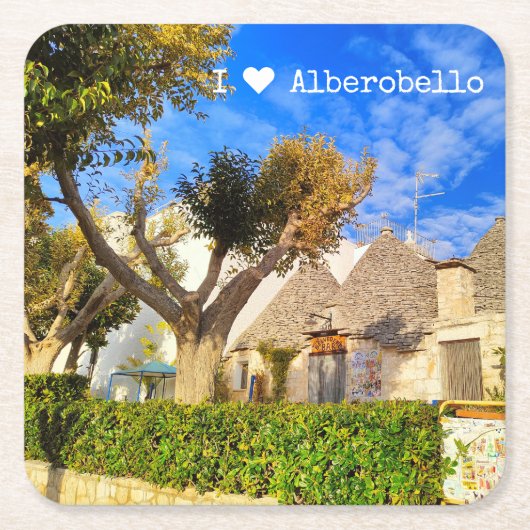 Aangepaste tekst, mooi uitzicht van Alberobello, A Kartonnen Onderzetters (Voorkant)