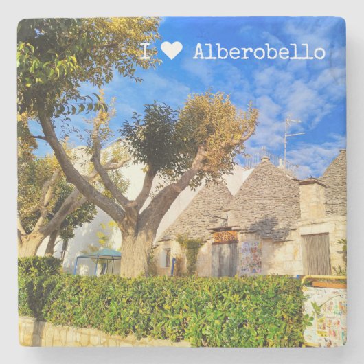 Aangepaste tekst, mooi uitzicht van Alberobello, A Stenen Onderzetter (Voorkant)