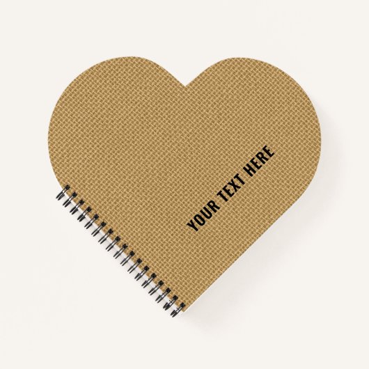 Aangepaste tekst natuurlijke jute textuur hartvorm notitieboek (Voorkant)