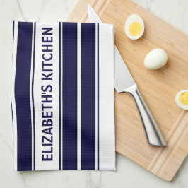 Aangepaste tekst Navy Blue en White Striped Theedoek