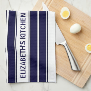 Aangepaste tekst Navy Blue en White Striped Theedoek