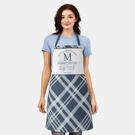 Aangepaste tekst Navy Blue White Buffalo Plaid Mon Schort (Gedragen)