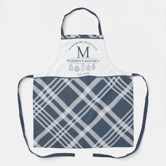 Aangepaste tekst Navy Blue White Buffalo Plaid Mon Schort (Voorkant)