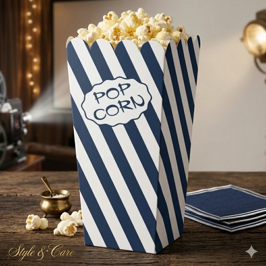 Aangepaste tekst Navyblauw en wit gestreepte popco Bedankdoosjes
