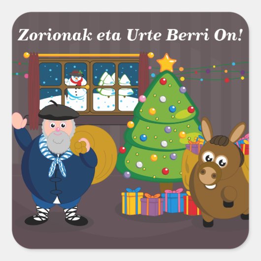 Aangepaste tekst, Olentzero Navidad / Kerstscène: Vierkante Sticker (Voorkant)