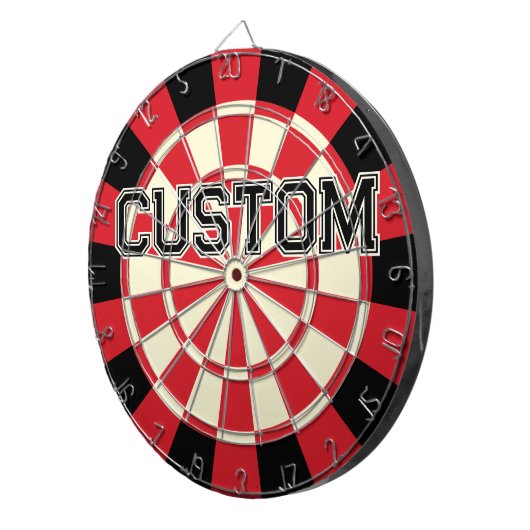 Aangepaste tekst op Retro Rood, Zwart, Crème Beige Dartbord (Voorkant Rechts)