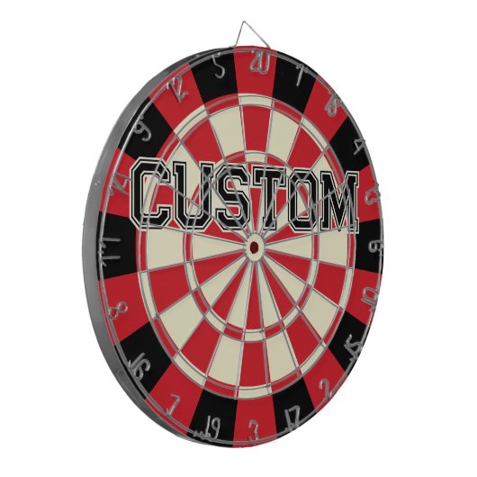 Aangepaste tekst op Retro Rood, Zwart, Crème Beige Dartbord (Voorkant Links)