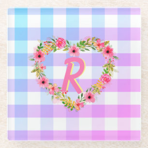 Aangepaste tekst / pasta Gingham Floral Heart Wrea Glazen Onderzetter