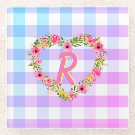 Aangepaste tekst / pasta Gingham Floral Heart Wrea Glazen Onderzetter (Voorkant)