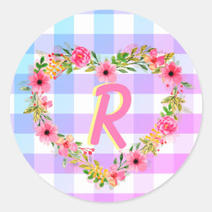 Aangepaste tekst / pasta Gingham Floral Heart Wrea Ronde Sticker