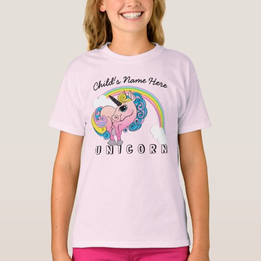 Aangepaste tekst/pastel Unicorn regenboogwolken T-shirt (Voorkant)