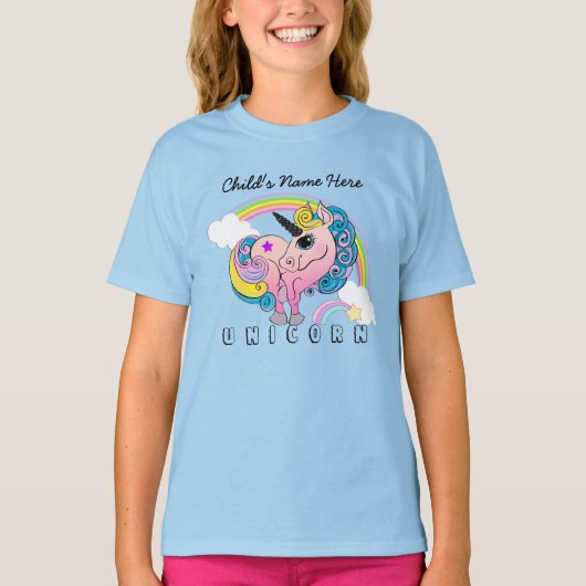 Aangepaste tekst/pastel Unicorn regenboogwolken T-shirt (Voorkant)