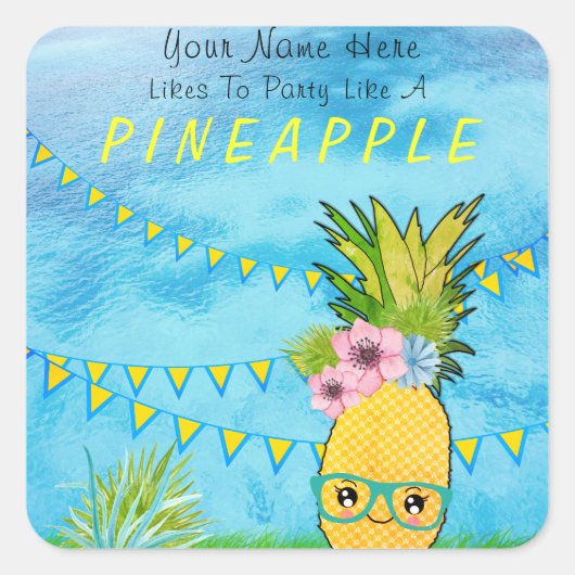 Aangepaste tekst / Pineappel Kawaii Summer Beach Vierkante Sticker (Voorkant)