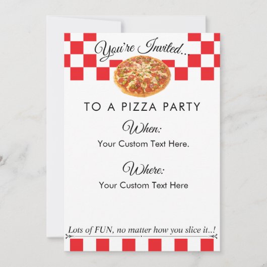 Aangepaste tekst Pizza Party|Leuk Rood Wit Checker Kaart (Voorkant)