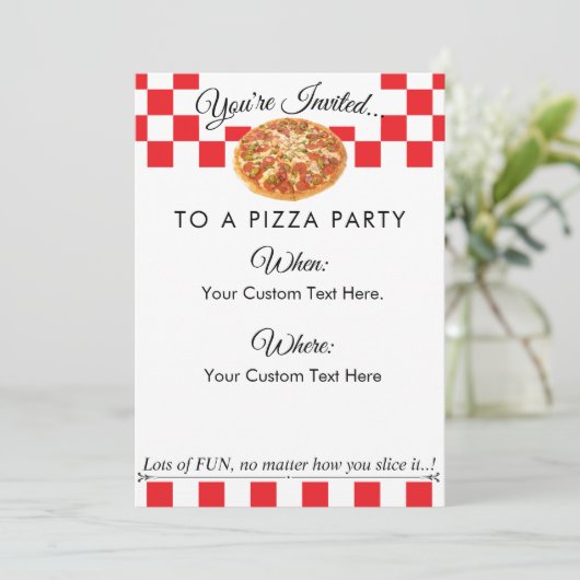 Aangepaste tekst Pizza Party|Leuk Rood Wit Checker Kaart (Staand voorkant)