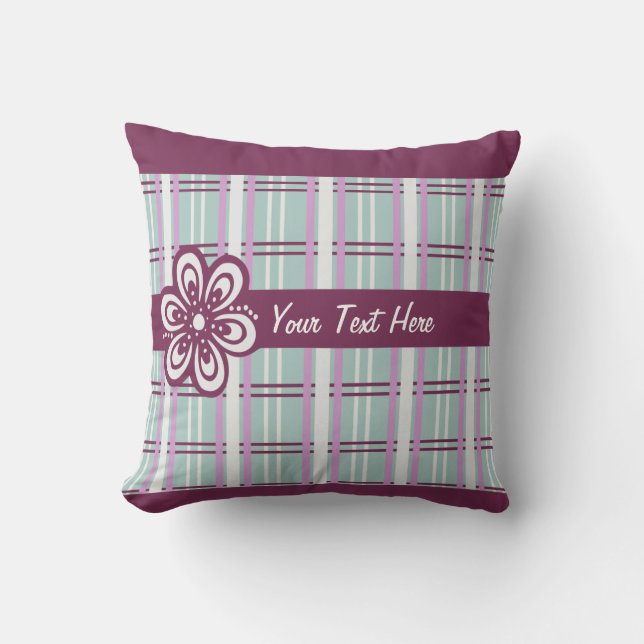 Aangepaste tekst Plum Plaid en Flower Sierkussen (Voorkant)