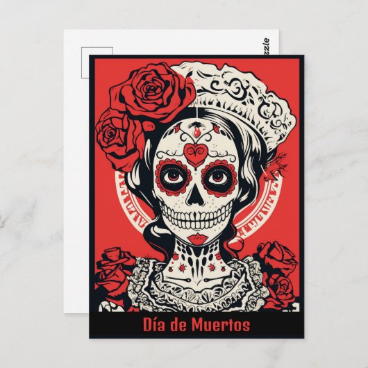 Aangepaste tekst 💀 Pop Art Calavera rood & wit Briefkaart (Voorkant / Achterkant)