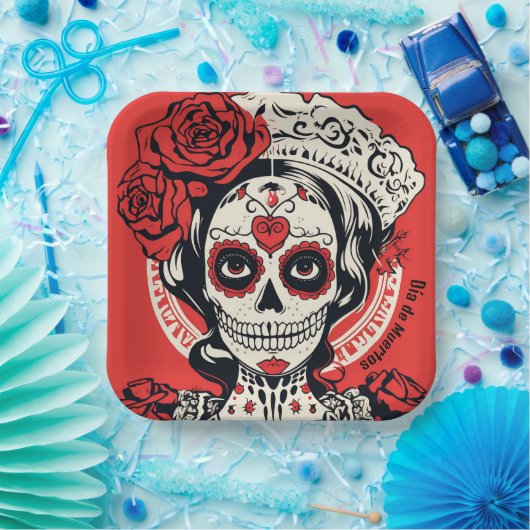 Aangepaste tekst 💀 Pop Art Calavera rood & wit Papieren Bordje (Feest)