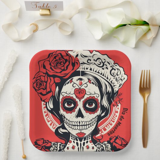 Aangepaste tekst 💀 Pop Art Calavera rood & wit Papieren Bordje (Huwelijk)
