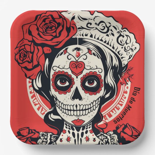 Aangepaste tekst 💀 Pop Art Calavera rood & wit Papieren Bordje (Voorkant)