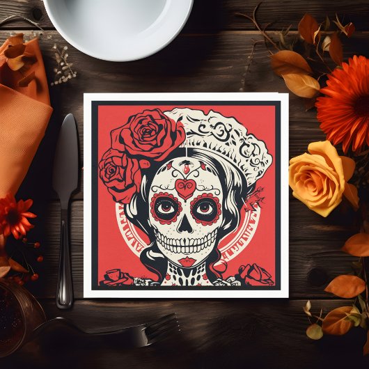 Aangepaste tekst 💀 Pop Art Calavera rood & wit Servet