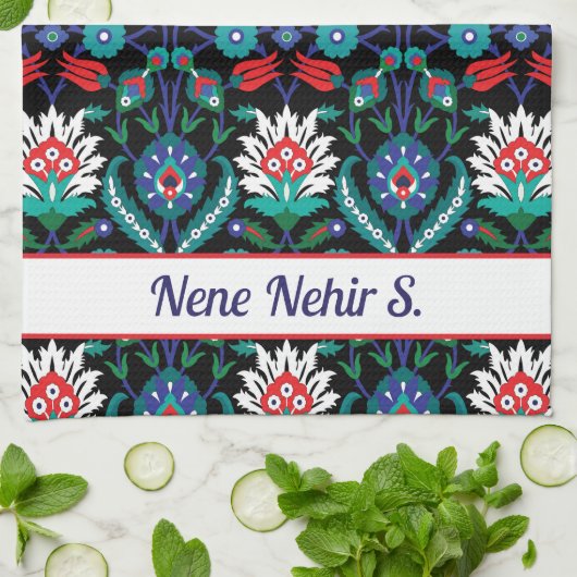 Aangepaste tekst 💙 🖤 prachtig Iznik Turks patroo Theedoek (Gevouwen)