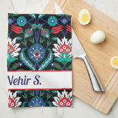 Aangepaste tekst 💙 🖤 prachtig Iznik Turks patroo Theedoek (Quarter Fold)