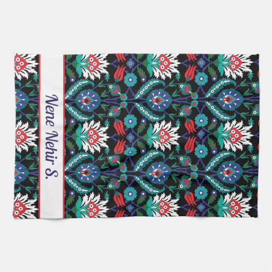 Aangepaste tekst 💙 🖤 prachtig Iznik Turks patroo Theedoek (Horizontaal)