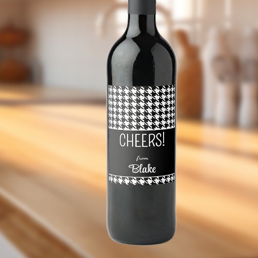 Aangepaste tekst, PROOST Zwart & Wit Houndstooth ( Wijn Etiket