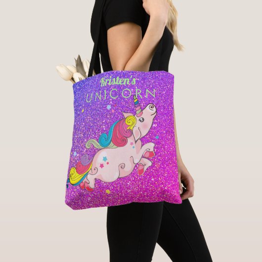 Aangepaste tekst/ Rainbow Kawaii Eenhoorn Glitter  Tote Bag (Dichtbij)