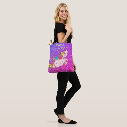 Aangepaste tekst/ Rainbow Kawaii Eenhoorn Glitter  Tote Bag (Op model)