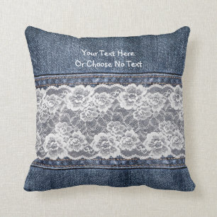 Aangepaste tekst /  Retro Blue Jeans Denim Lace Kussen