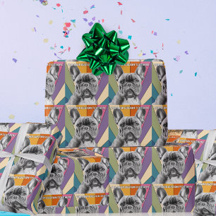 Aangepaste tekst Retro Groovy Rainbow Franse Bulld Cadeaupapier