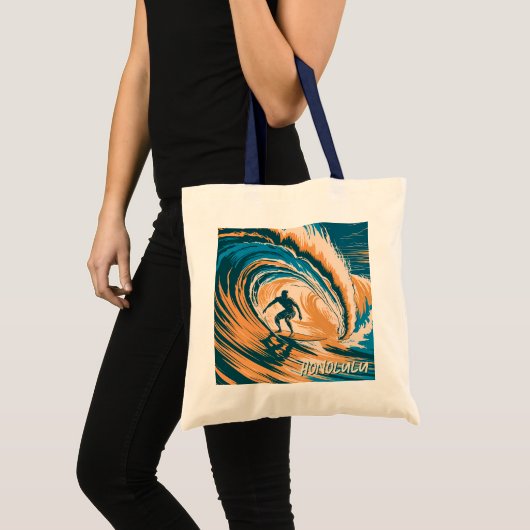 Aangepaste tekst Retro Honolulu Hawaii Surfer Surf Tote Bag (Voorkant (product))