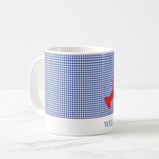 Aangepaste tekst rood wit Blauw cheque Nieuw Koffiemok (Voorkant links)