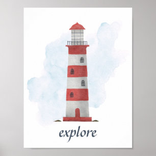 Aangepaste tekst Rood Wit Vuurtoren Zeevaart Oceaa Poster