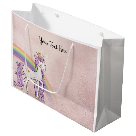 Aangepaste tekst/Roos Gold White Unicorn Rainbow Groot Cadeauzakje (Voorkant Gekanteld)