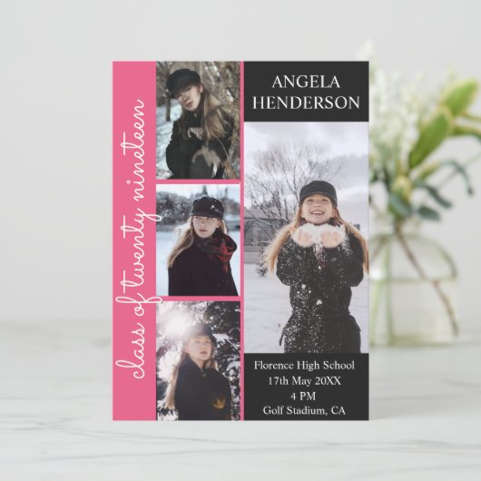 Aangepaste tekst Roze 4 Fotocollage Afstuderen Aankondiging (Staand voorkant)