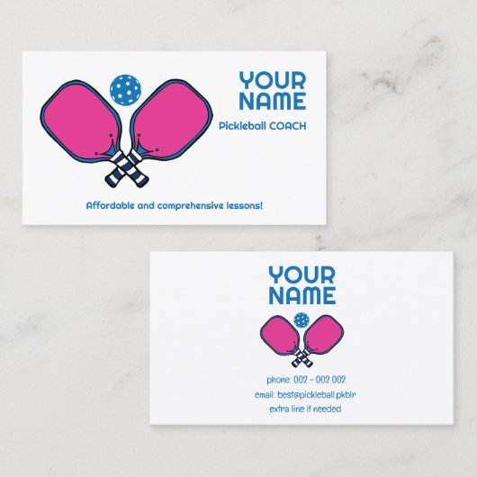 Aangepaste tekst roze & blauw Pickleball Visitekaartje (Voorkant / Achterkant)
