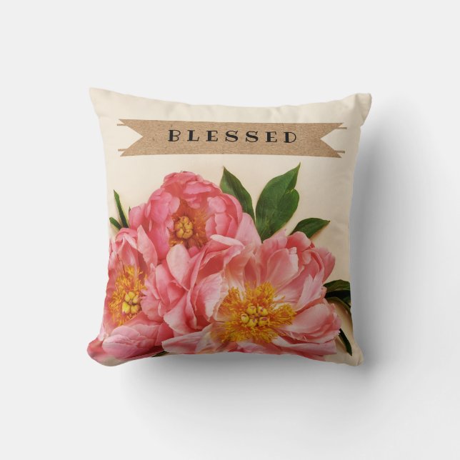 Aangepaste tekst Roze Bloemen Boeket Kraft lint Kussen (Voorkant)