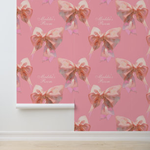 Aangepaste tekst Roze Coquette Bow Patroon Verwijd Behang