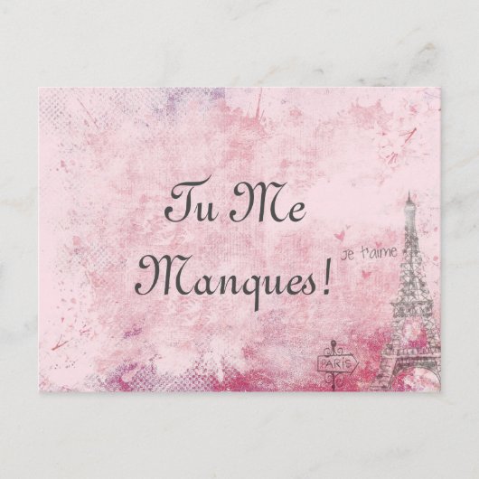 Aangepaste tekst roze Ik mis je Parijs Eiffel Fran Briefkaart (Voorkant)