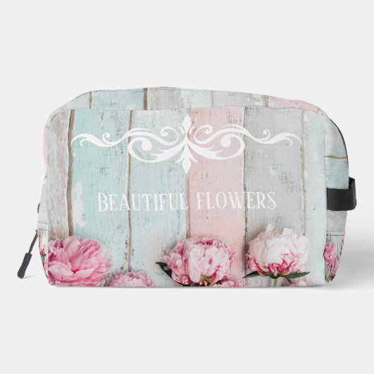Aangepaste tekst Rustiek pastelhout Roze bloemen M Toilettasje (Achterkant)