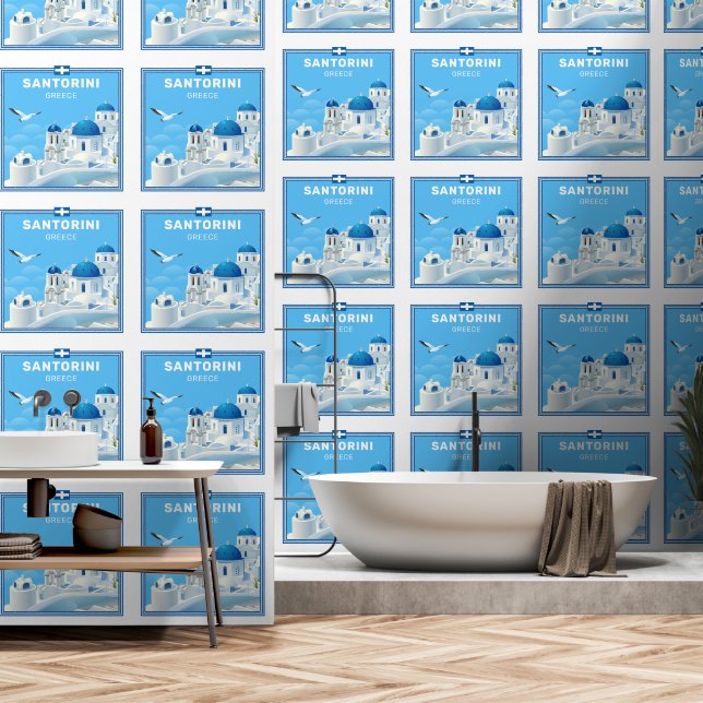 Aangepaste tekst Santorini Griekenland Behang (Badkamer)