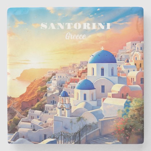 Aangepaste tekst Santorini Griekenland Sunset Stenen Onderzetter (Voorkant)