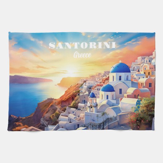 Aangepaste tekst Santorini Griekenland Sunset Theedoek (Horizontaal)