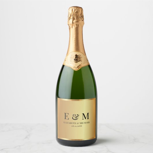 Aangepaste tekst save the date glamour goud initia sparkling wijnetiket (Voorkant)