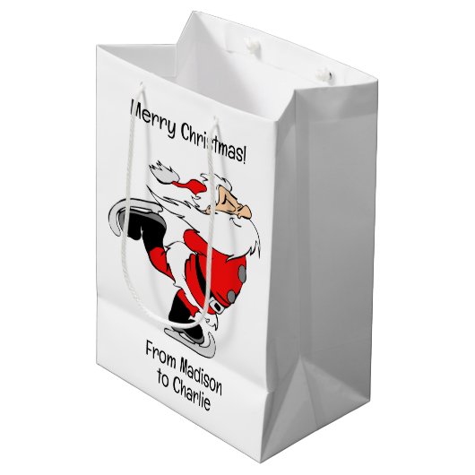 Aangepaste tekst schaatsen Santa Medium Cadeauzakje (Voorkant Gekanteld)